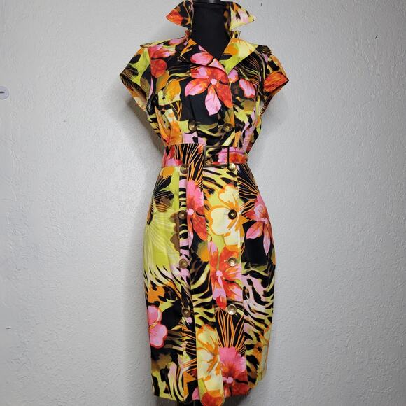 VTG 90S Caché Tropical Animal Print Belted Double Breasted Wrap Shirt Dress ✨️10